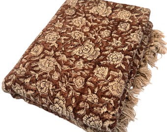Hand Block Printed Organic Cotton Kantha Throw Blanket, Rustic Boho Sofa Cover