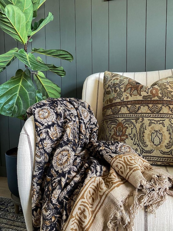 Premium Handmade Boho Bedding Throw Hand block print Soft Cotton Throw Vintage Blanket Room Décor Tassels Hand Loomed Cotton Twin Queen size