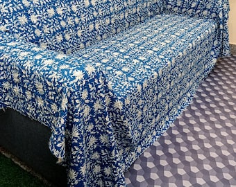 Blue Floral Kantha Quilt, Handmade Block Print Cotton Bedspread