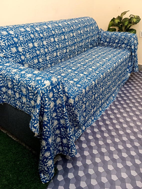 Blue Floral Print Floral Kantha Quilt Handmade Cotton Kantha Quilt HandBlock Print Bedding Bedspreads Block Print Light Weight Full quilt