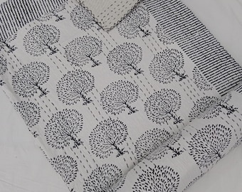 Indian Kantha Quilt Bedspread Bedding Blanket Doona Duvet Pure Cotton King Size Bedding Set Hand Block Print Coverlet Kantha Throw