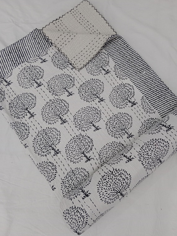 Indian Kantha Quilt Bedspread Bedding Blanket Doona Duvet Pure Cotton King Size Bedding Set Hand Block Print Coverlet Kantha Throw