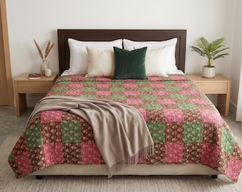 Hand Block Print Kantha Quilt - Floral Hand Stitched Cotton Bedspread