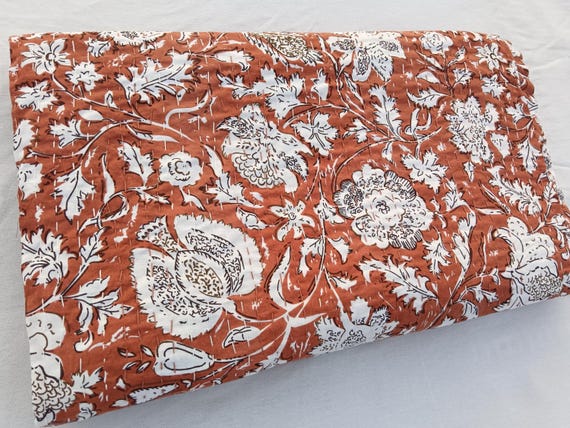 Terracotta colour Kantha Quilt Handmade Cotton Kantha Quilt HandBlock Print Terracotta Bedding Bedspreads Block Print Quilted Terracotta