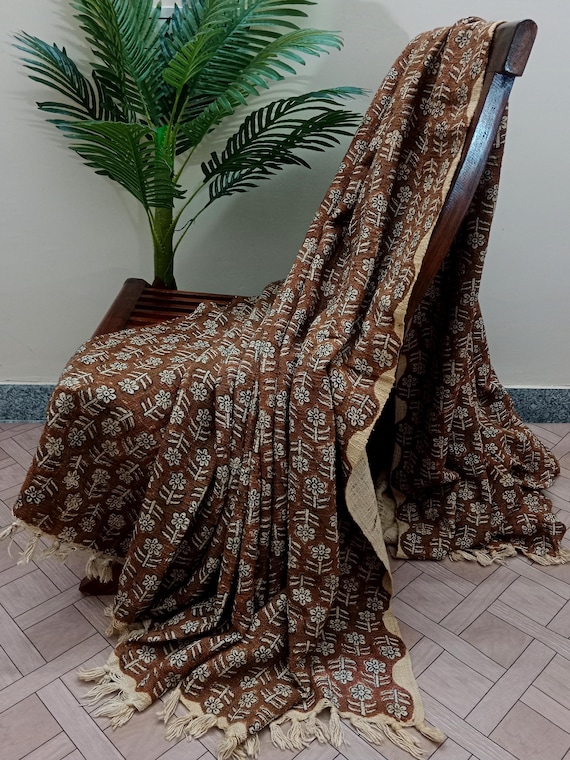 Premium Handmade Sofa Throw, Handblock Print Cotton Blanket, Soft Cotton Boho Blanket Sofa Décor Tassels Block print, Boho Bedding Throw.
