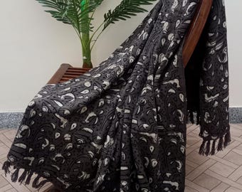 Hand Block Print Cotton Throw Blanket: Neutral Floral Design