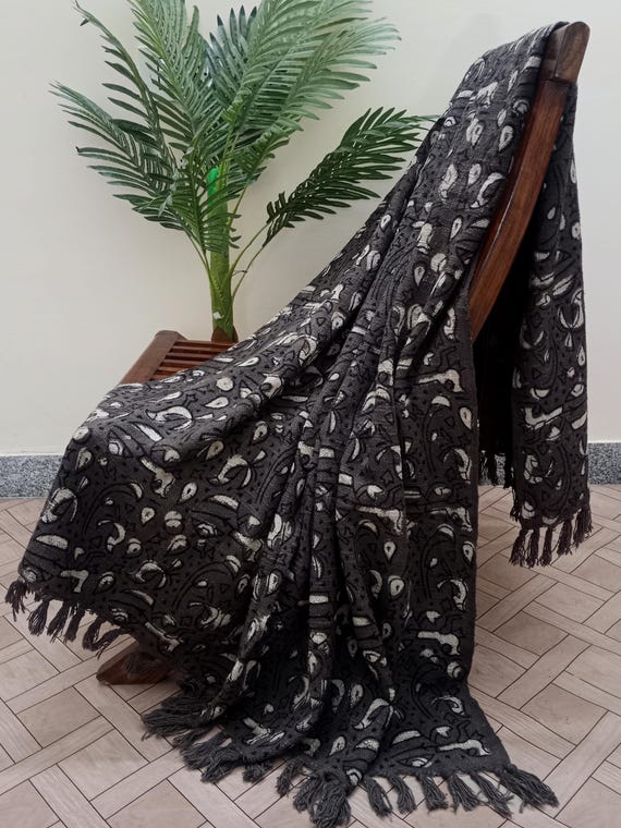Floral throw blanket couch Handmade throw Hand block print soft cotton woven blanket king size neutral hand loomed blanket Gift.