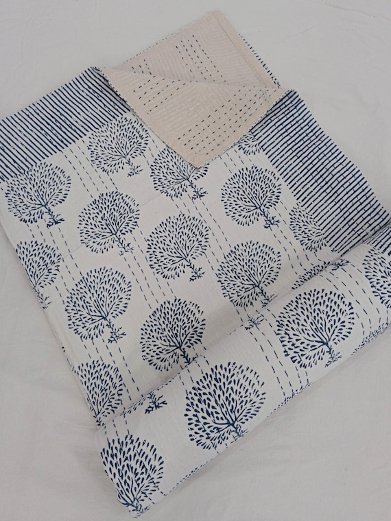 Floral Kantha Quilt Handmade Cotton Kantha Quilt HandBlock Print Bedding Block Print Light Weight Full Size Bedding Bedspread
