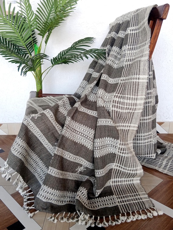 Handwoven Bhujodi Wool Throw Blanket: Indian Decor  Vintage Bohemian Style Winter Blanket for Sofa or Bed, Rustic Warm Handmade Decor Gift
