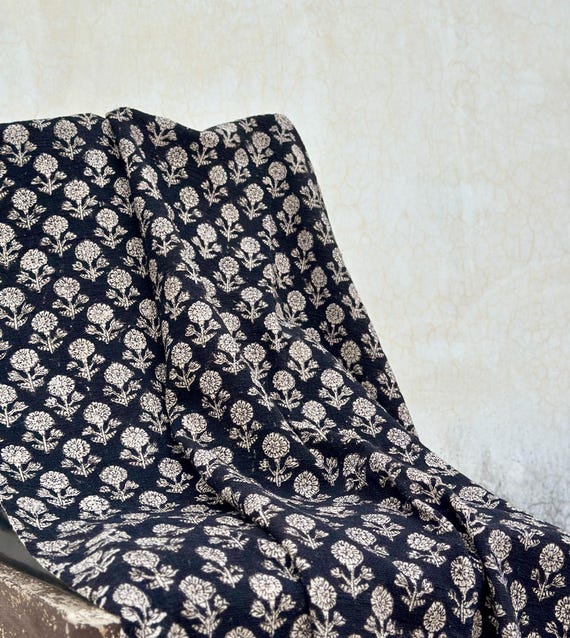 Kelly Flora Black Throw Handmade Cotton Throw Blanket - Cozy Boho Blanket with Tassels & Beautiful Handblock Print for Living Room, Couch