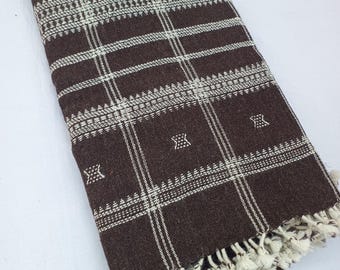 Handwoven Bhujodi Wool Throw Blanket | Teal Green & Off-White, Pompoms