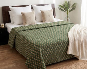 Hand Block Print Floral Kantha Quilt, Green Cotton Bedding Bedspread – Hand Stitched