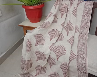 Handmade throw blanket couch rust floral block print throw, Indian Hand Loomed Block Printed Throws, Sofa Cover, Home Decor.