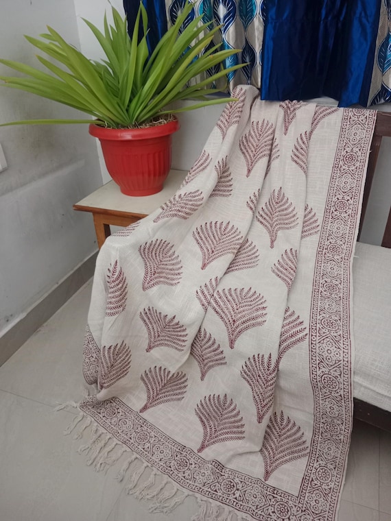 Handmade throw blanket couch rust floral block print throw, Indian Hand Loomed Block Printed Throws, Sofa Cover, Home Decor.