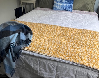 Handmade Kantha Quilt, Mustard Yellow Quilt with White Floral Print, Cotton Bedspread, Lightweight Blanket, Boho Bedding Queen Coverlet