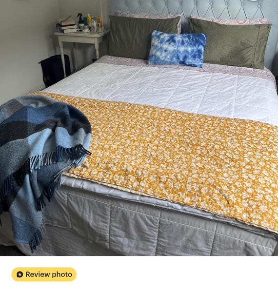 Handmade Kantha Quilt, Mustard Yellow Quilt with White Floral Print, Cotton Bedspread, Lightweight Blanket, Boho Bedding Queen Coverlet
