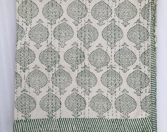 Hand Block Print Green Floral Cotton Kantha Quilt, Traditional Indian Bedding, Lightweight Bedspread, Minimalist Boho Quilt