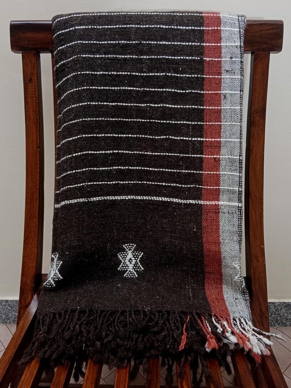 Handmade Bhujodi Wool Throw Blanket | Dark Brown Indian Decor