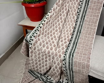 Boho Cotton Throw Blanket – Handwoven with Tassels, Intricate Handblock Print & Vibrant Bohemian Design for Cozy Living Room, Couch