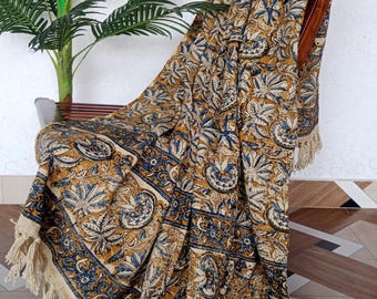 Hand Block Print Cotton Throw Blanket Mustard Blue Floral Sofa Throw Handmade Bed Cover with Tassels