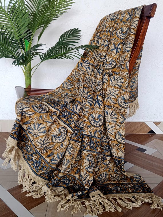 Hand Block Print Cotton Throw Blanket Mustard Blue Floral Sofa Throw Handmade Bed Cover with Tassels