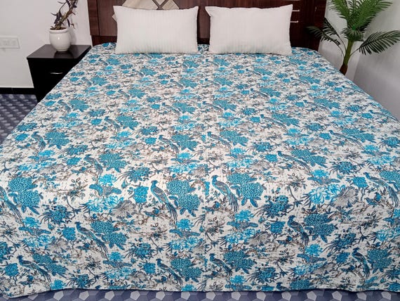 Premium Flowers Print Cotton Kantha Quilt Twin Size, Queen Size & King Size  Handmade kantha Quilt floral farmhouse king size cotton quilts