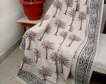 Handmade Bohemian Cotton Throw Blanket, Indian Classic Hand Loomed Block Printed Throws, Sofa Cover, Bedsheet, Curtain, Home Decor.