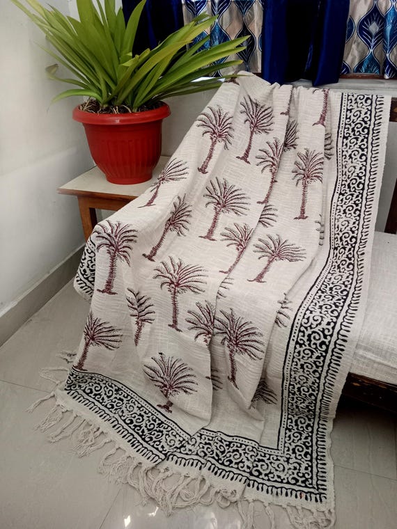 Handmade Bohemian Cotton Throw Blanket, Indian Classic Hand Loomed Block Printed Throws, Sofa Cover, BedSheet,Curtain, Home Decor.