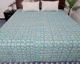 HandBlock Print Bedding Floral Kantha Quilt Handmade Cotton Kantha Quilt Block Print Light Weight Full Size Bedding Bedspread