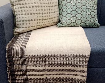 Handmade Bhujodi Wool Throw Blanket | Teal and White Pompoms