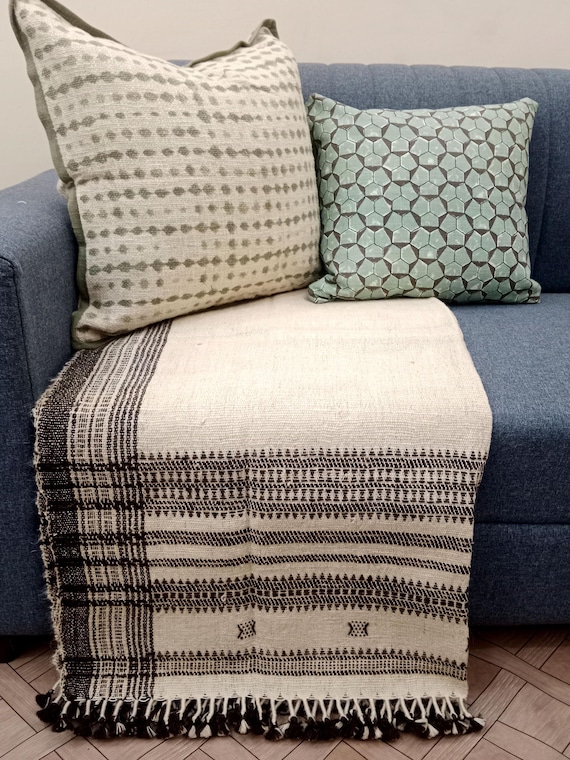 Indian Handmade Wool Throw Blanket | Bhujodi Blanket | Wool Blanket in Handwoven Wool Throw Blanket Cottage Living Room Décor
