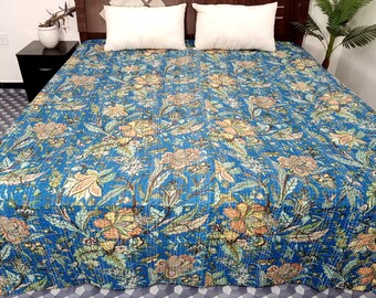 HandBlock Print Bedding Floral Kantha Quilt Handmade Cotton Kantha Quilt Block Print Light Weight Full Size Bedding Bedspread