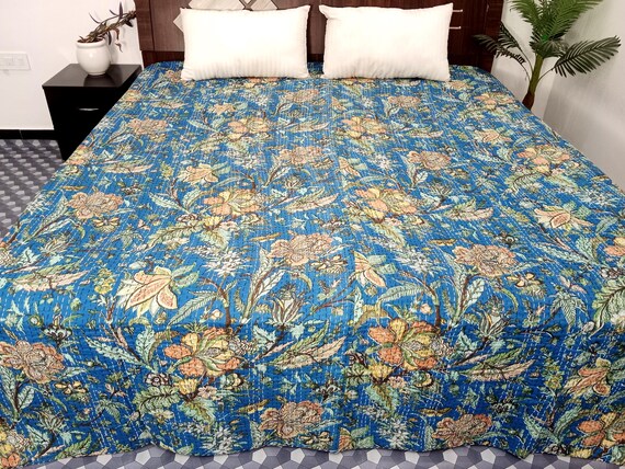 HandBlock Print Bedding Floral Kantha Quilt Handmade Cotton Kantha Quilt Block Print Light Weight Full Size Bedding Bedspread