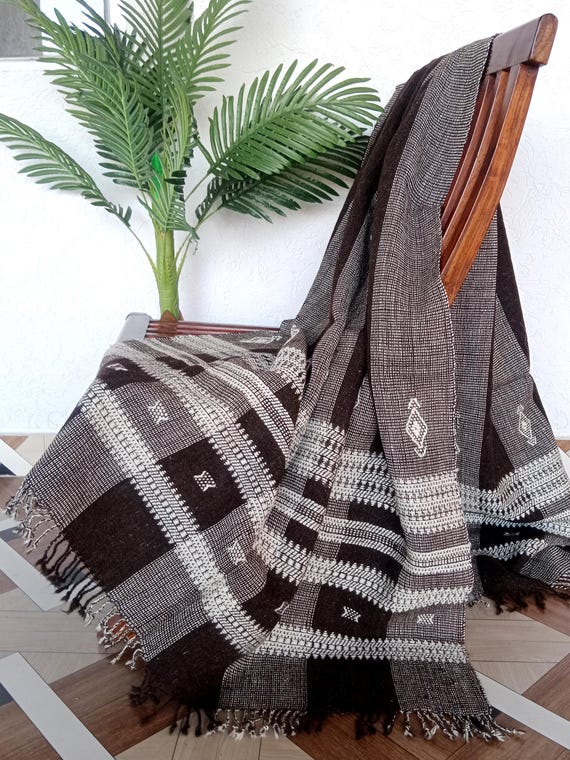 Indian Handmade Wool Throw Blanket | Bhujodi Blanket | Wool Blanket in Handwoven Wool Throw Blanket Cottage Living Room Décor