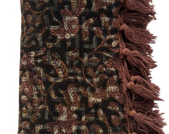 Organic Cotton Handblock Print Throw Blanket with Tassels, Vintage Boho Home Decor