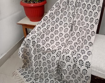 Hand Block Print Cotton Throw Blanket, Tassels, Sofa Decor