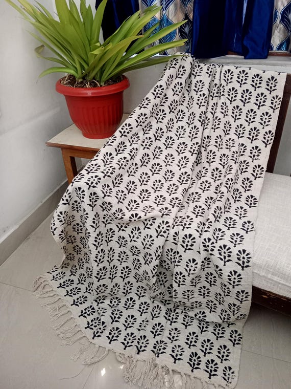 Handmade Premium Sofa Décor Room, Décor Throw Hand block print Throw Cotton Throw Blanket Tassels Hand Loomed Block Print Cotton Sofa Throw.