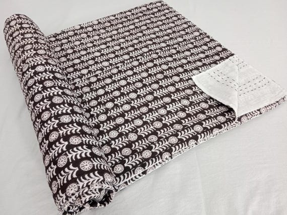 Dark Brown Floral Kantha Homemade Kantha Quilt All Size Quilt Twin Size, Queen Size & King Size Quilted Bedding Kantha Quilt Handmade