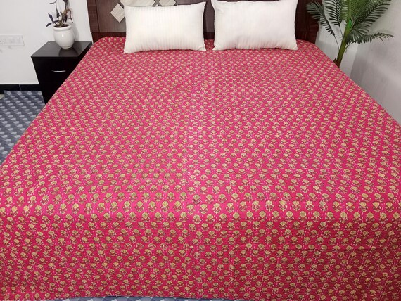 HandBlock Print Bedding Floral Kantha Quilt Handmade Cotton Kantha Quilt Block Print Light Weight Full Size Bedding Bedspread