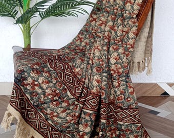 Floral Cotton Throw Blanket Handcrafted Block Print Design Rustic Boho Bed or Sofa Throw with Tassel Fringe