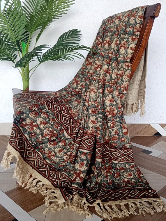 Floral Cotton Throw Blanket Handcrafted Block Print Design Rustic Boho Bed or Sofa Throw with Tassel Fringe