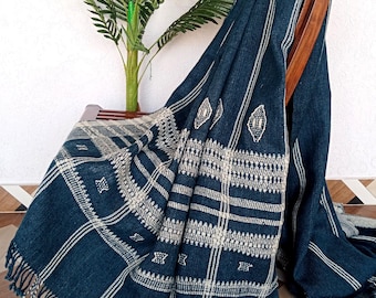 Handwoven Bhujodi Wool Throw Blanket: Teal Green, Geometric Pom Poms