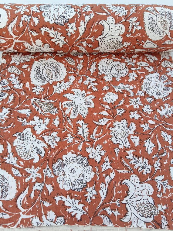 Terracotta colour Kantha Quilt Handmade Cotton Kantha Quilt HandBlock Print Terracotta Bedding Bedspreads Block Print Quilted Terracotta