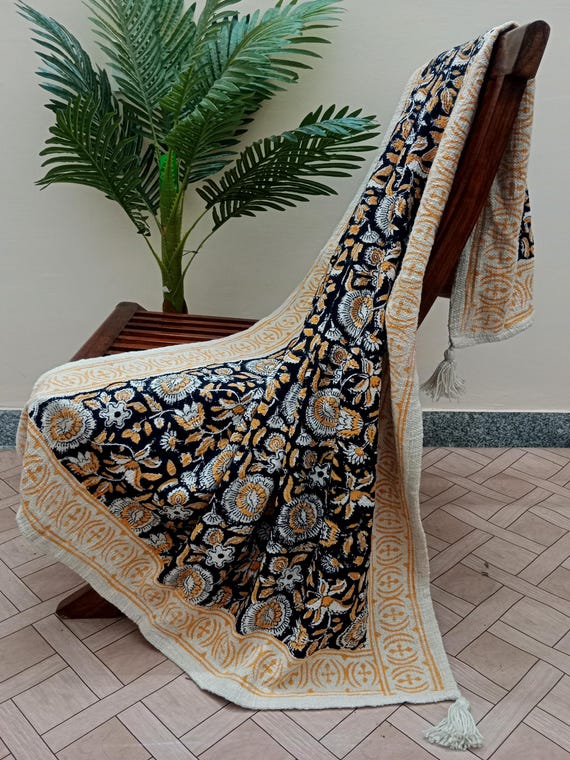 Bohemian Cotton Throw Handmade Blanket with Handblock Print, Boho Tassels & Vintage Design for Sofa, Couch Stylish Home Décor in Cozy Cotton