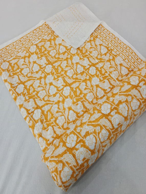 Floral Kantha Quilt: Handmade Block Print Cotton Bedspread