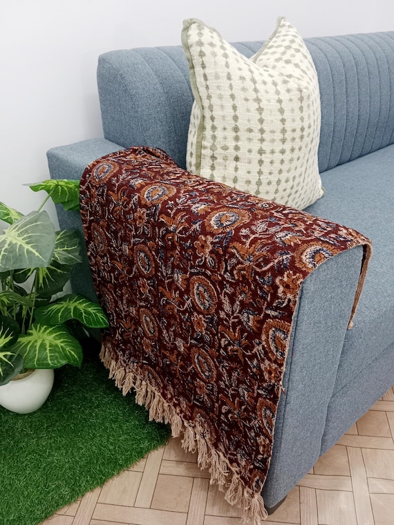 Boho Cotton Throw Blanket – Handwoven with Tassels, Intricate Handblock Print & Vibrant Bohemian Design for Cozy Living Room, Couch