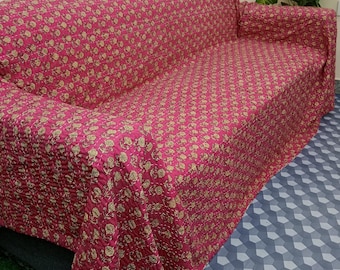 Handmade Floral Kantha Quilt, Hand-Block Print Cotton Bedspread