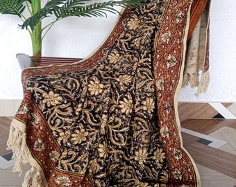 Organic Cotton Hand Block Print Throw Blanket Tassel Fringe – Rustic Boho Bed Sofa Accent