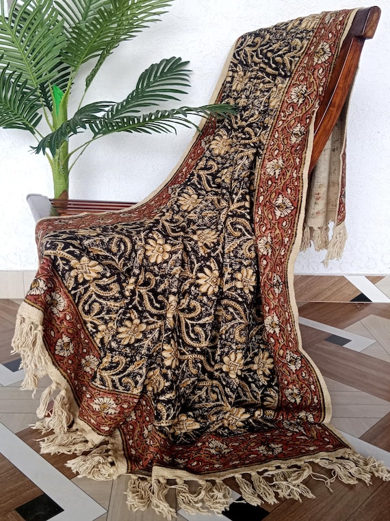 Floral Cotton Throw Blanket Handcrafted Block Print Design Rustic Boho Bed or Sofa Throw with Tassel Fringe