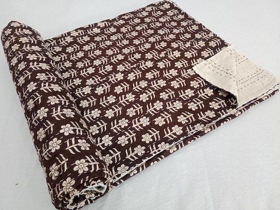 Premium Flowers Print Cotton Kantha Quilt Twin Size, Queen Size & King Size Handmade kantha Quilt with Natural colors bedding Bedcover Home